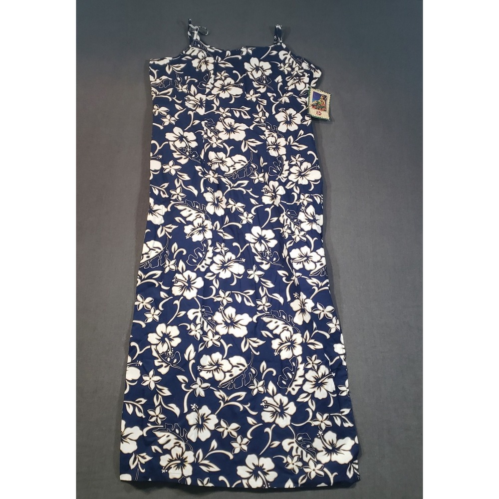 Hilo Hattie Maxi Dress Womens 20 Blue White Hibiscus Floral Cotton Adjustable